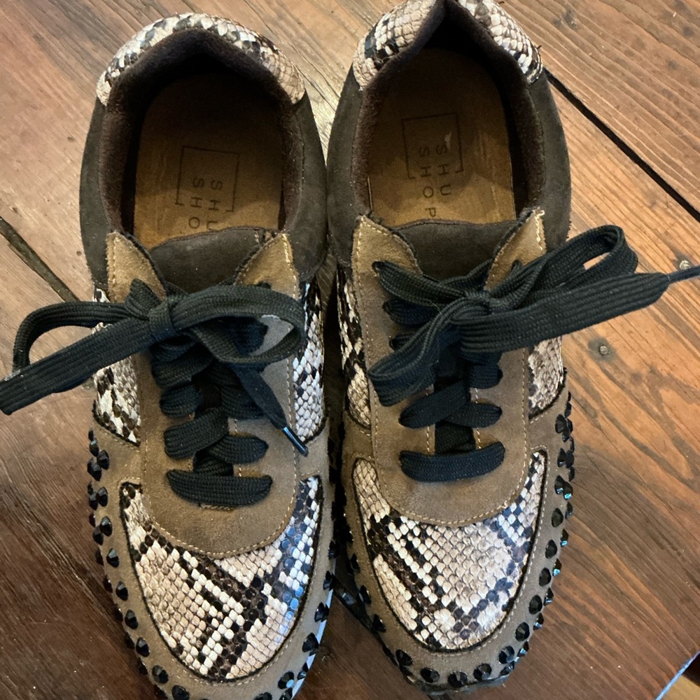Snakeskin Pattern Sneakers with Beads, Suede and Bling!  Black Laces, Size 6.5